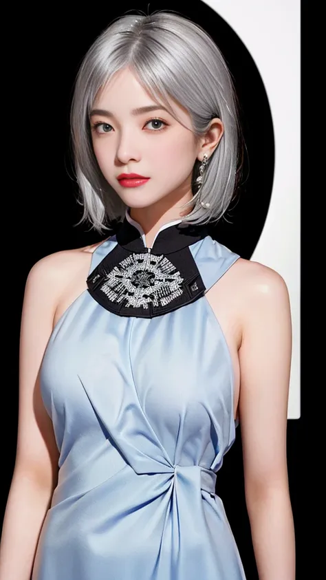  Woman 1,     high image quality  ,  Masterpiece,    TOP QUALITY ,    short hair,    medium boobs,   On a Chinese dress，   Silver Hair，     Mole Under Eye ，Nose tape is fine