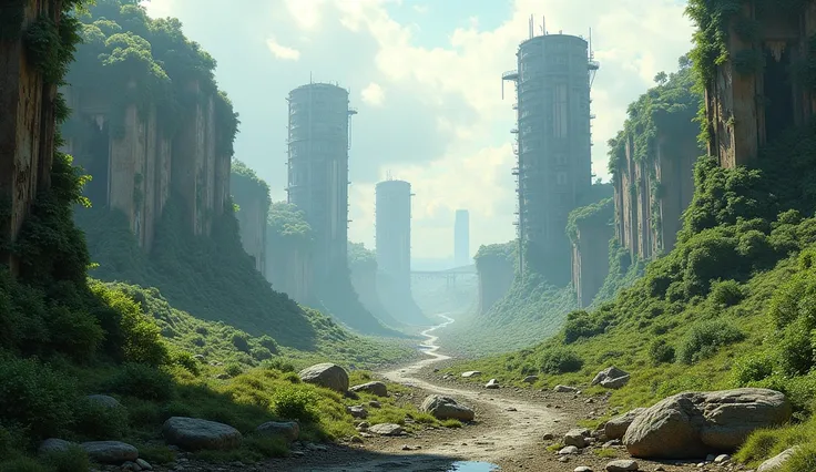  Dystopian landscape where destroyed human buildings are found, ruined and consumed by nature , in which no trace of human life is found and only the remains of this 