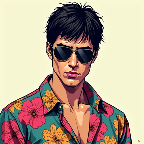 Tony montana from the movie scarface A character from a YouTube channel about the artificial intelligence art style of GTA Vice City, a mobster with a scarface, Tony Montana style floral shirt and luxury sunglasses, hand-drawn minimalist style face, simila...