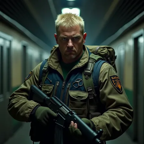 The post-apocalypse warrior from the Subway-2033. A man in his forties. Frowning, with a massive jaw. Blond short disheveled hair. Camouflage uniform and navy vest underneath. He has a backpack on his back. Pouches hang on the belt. He has an AK-47 Kalashn...