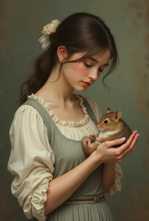 Young woman with a hamster like old painting 