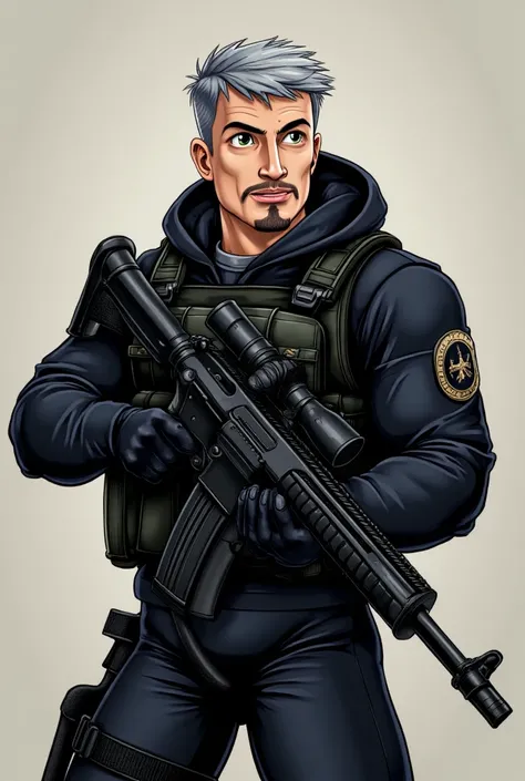 Serious soldier cartoon young handsome man,Ready your gun?,Dressed in black tactical clothing,Gray Hair,With a sniper rifle