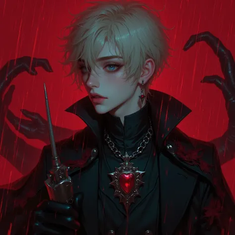 Young man, 25 years old, blue eyes.,  blonde hair ,  strong emotions projected in her eyes , Korean short hair ,  wearing a cool black magic school suit , Evil Smile , Magic Wand Stand,  red sea background ,  with rain dripping down , Eerie atmosphere,Smok...