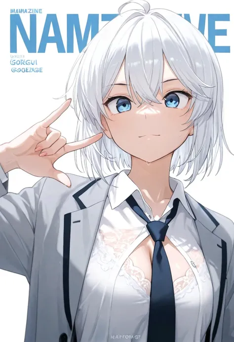 suits, necktie, cleavage,   magazine cover, white background, pose, masterpiece, best quality, amazing quality, detailed background, intricate details,Gosegu, white hair, bob hair, hair between eyes, ahoge, blue eyes,