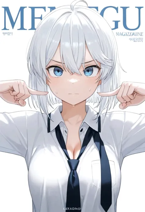 suits, necktie, cleavage,   magazine cover, white background, pose, masterpiece, best quality, amazing quality, detailed background, intricate details,Gosegu, white hair, bob hair, hair between eyes, ahoge, blue eyes,