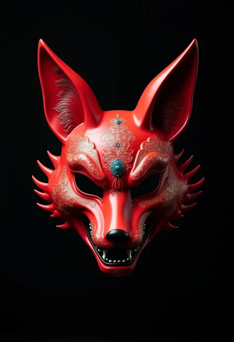  realistic image,  photography. aereal view . frontal. Red Japanese Yokai mask with Japanese ornaments and detailed, mascara kitsune. Completely black solid black background .