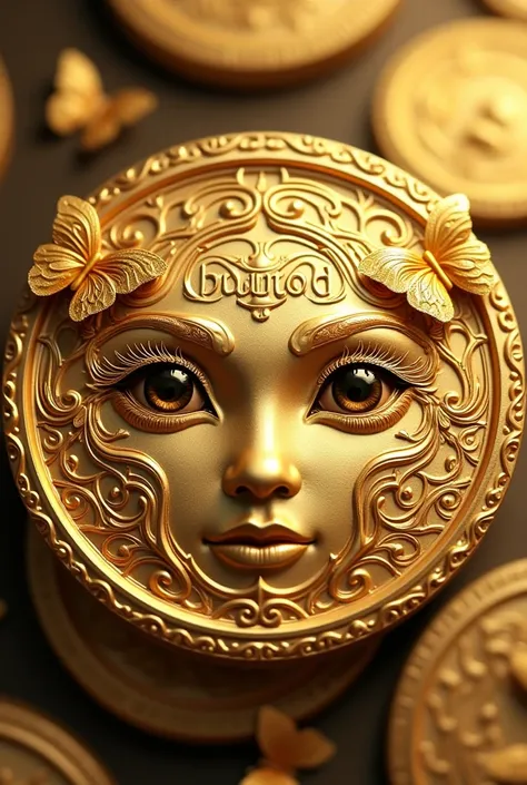 A screen  design carved gold coin with the text of "81 GROUP " placed near the beautiful eyes and from the corner of the eyes some beautiful butterfly's flying out