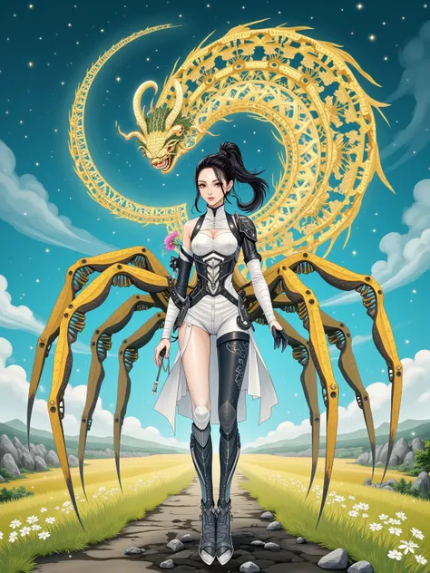 White snake, 1girl, ((pay attention to the plan:1.5, plano general, whole body:1.5)), 1 beautiful girl in technical clothing, mechanical spider, circles, Fractals,(black outline art) By Yoshitaka Amano,Travis Charest. colors, land, cian, yellow, green. mag...