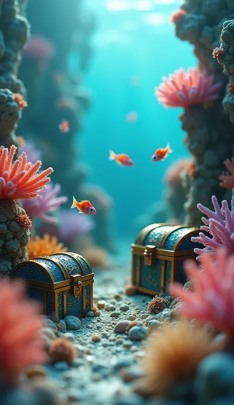 A miniature underwater world with colorful coral reefs, tiny fish, and treasure chests."