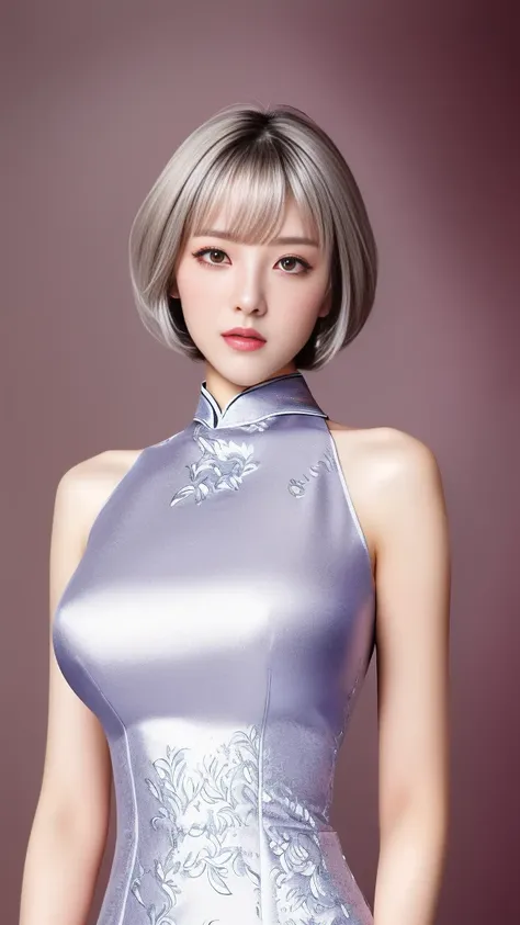  Woman 1,     high image quality  ,  Masterpiece,    TOP QUALITY ,    short hair,    medium boobs,   On a Chinese dress，   Silver Hair，     Mole Under Eye ，Nose tape is fine