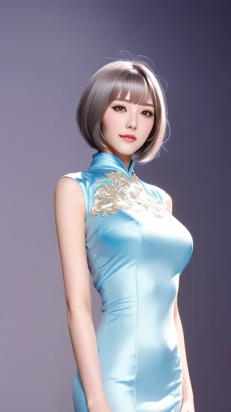  Woman 1,     high image quality  ,  Masterpiece,    TOP QUALITY ,    short hair,    medium boobs,   On a Chinese dress，   Silver Hair，     Mole Under Eye ，Nose tape is fine