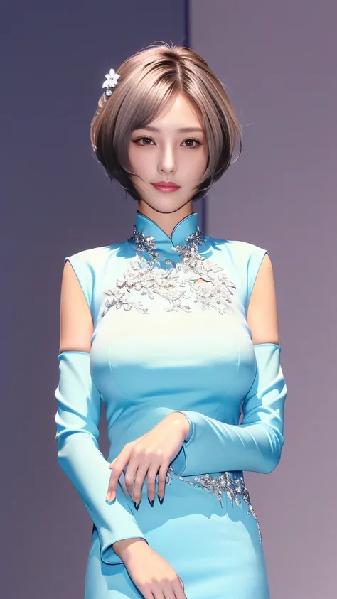  Woman 1,     high image quality  ,  Masterpiece,    TOP QUALITY ,    short hair,    medium boobs,   On a Chinese dress，   Silver Hair，     Mole Under Eye ，Nose tape is fine