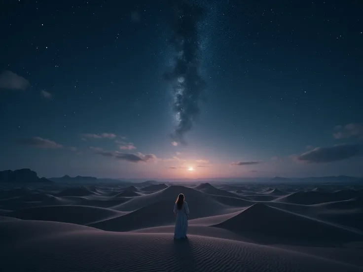 beautiful cinematic and realistic image of a desert, from the perspective of a person 1.80 meters tall with many sand dunes in the background, it is night and the sky is beautifully starry