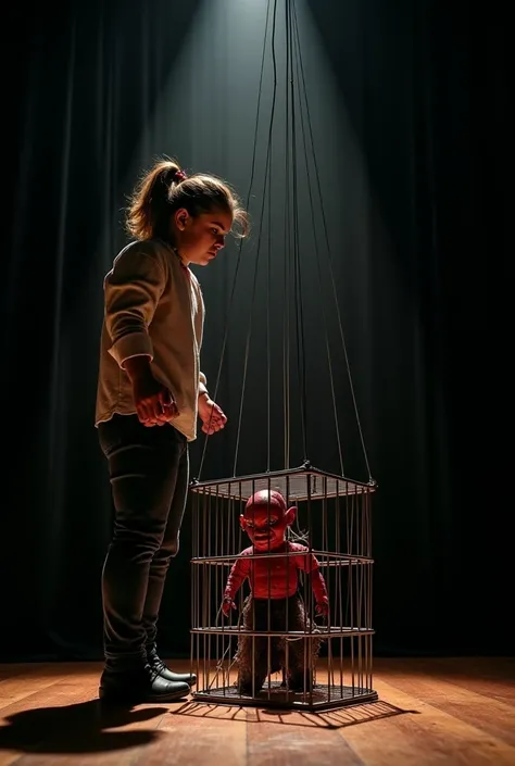 A dramatic theatrical scene featuring a confident 16-year-old age girl locking a sad red devil marionette inside a cage. The girl stands with a strong posture, her expression determined, as she lowers the struggling puppet into a small metal cage. The mari...