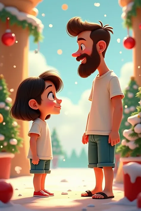 Pixar-style cartoon of a short brunette girl with short black hair wearing long shorts and a white t-shirt and a tall white boy with a beard and a white t-shirt both with Christmas sprinkles