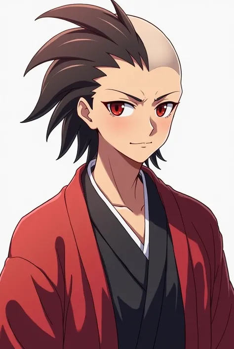 A male, wearing a yukata and haori, one side of the head appears completely shaved, revealing a smooth scalp; the remaining hair is left long and styled into a sharp, upward spikes, giving it a wild and Rebellious look. Like skin tone. Attractive. Red shar...