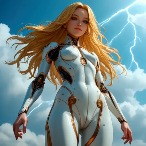 A beautiful young girl with yellow hair, a tight lightning-themed suit, and small breasts, wielding alien thunder weapons in a thunderstorm backdrop, (best quality,4k,8k,highres,masterpiece:1.2),ultra-detailed,(realistic,photorealistic,photo-realistic:1.37...