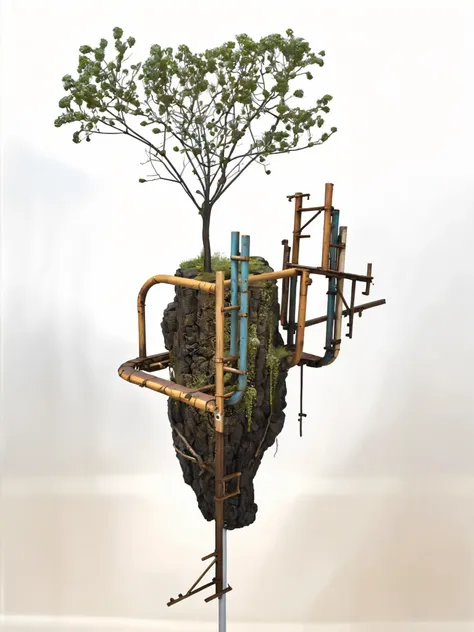 there is a sculpture of a tree with a ladder on it, environmental artwork, surreal metal sculpture, contemporary sculpture, mechanical vegetal cyborg, environmental art, inspired by Matthias Jung, sculpture, new sculpture, ecological art, elliot alderson, ...