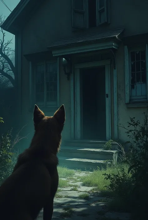 Dog staring at door of dark house windows broken scary 