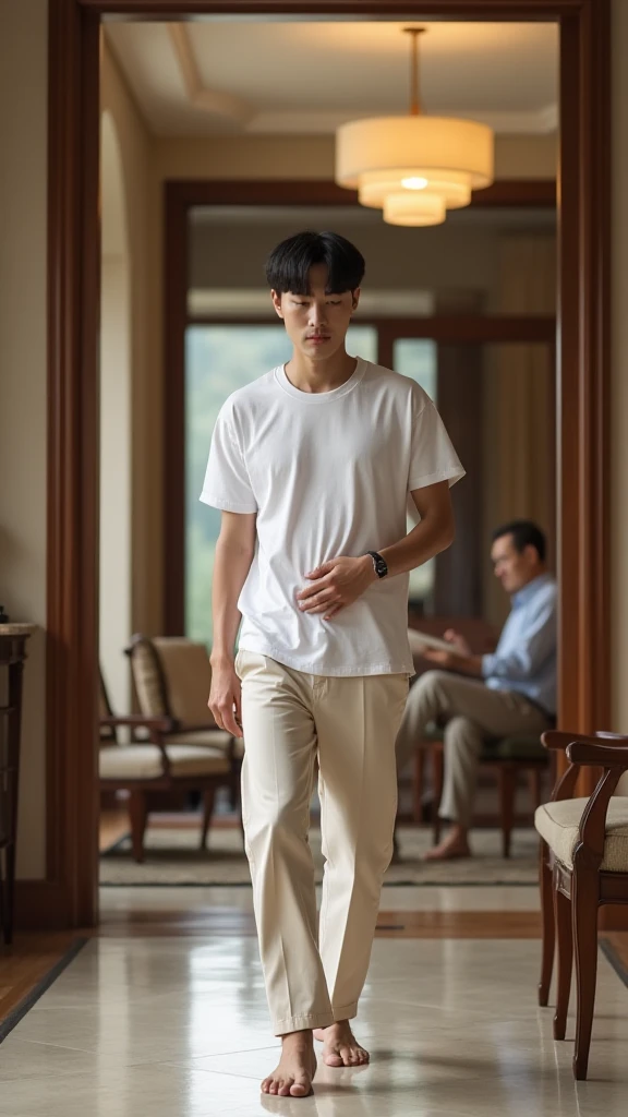 A handsome 28-year-old Korean man dressed in a white T-shirt and cream trousers enters the living room with a pale face holding his stomach as if walking steadily towards the stairs of his magnificent home
With a 48-year-old father sitting on the couch rea...