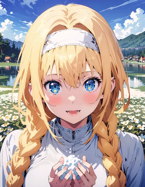 Alicesburg,  Alice Sberg , Alone,bangs,  blue eyes,   blond hair,  smile,blush, open your mouth, hair between eyes, Very long braids,  single braided , headband, white  headband,yellow off-the-shoulder dress,Medium breast, white long skirt, cute heeled san...