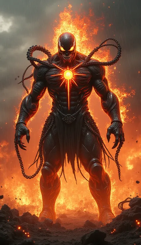 "The transformation is complete—standing amidst the burning battlefield is a monstrous fusion of Venom, Ghost Rider, and Doctor Strange. A towering, muscular figure covered in living symbiote armor, black tendrils pulsating with infernal fire. Its face is ...