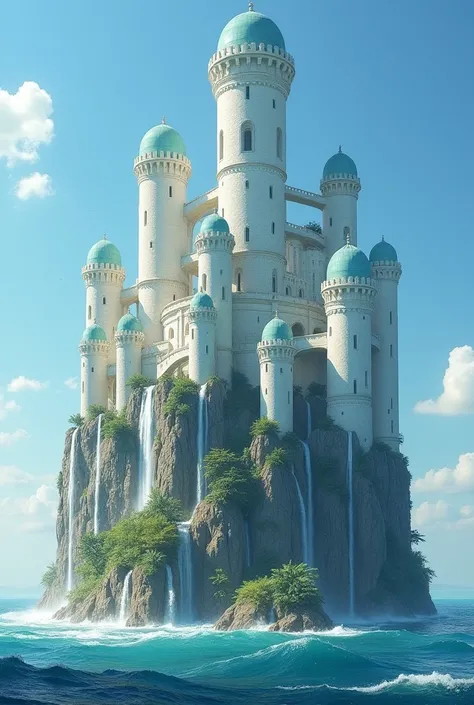 A, large, tall, white castle rising straight from the ocean with round towers and aquamarine domes on top of each tower. It has many separated sections connected by tall bridges. waterfalls pour out the sides of the castle. It also has other ocean like tra...