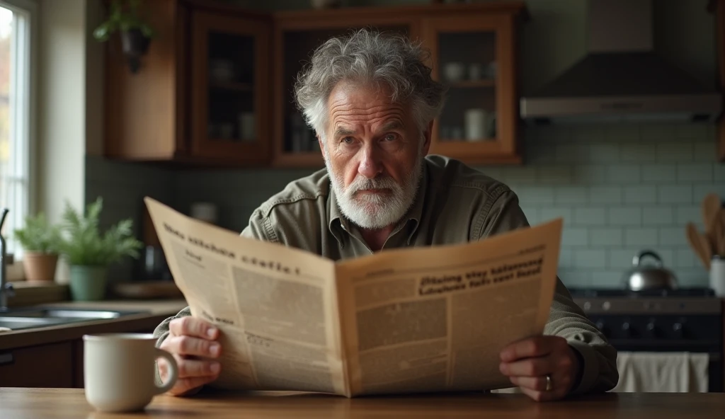 A man in his decade and forty is sitting in the kitchen with his pocket 
 A newspaper with a coffee in front of him looks at the front and is shocked by the same person without changing his face