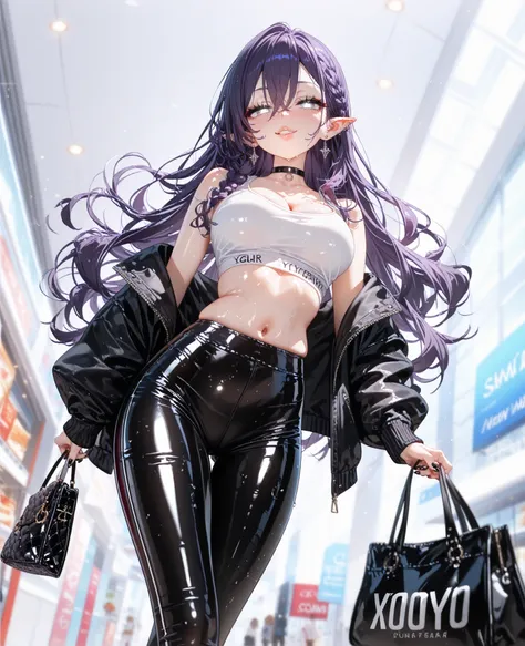 1girl, navel, shopping, purse, modern outfit, from below, mall, latex, yoga pants, white crop top, long jacket, luxury, crossed legs, solo, long black nails, wet skin, shiny skin, shiny latex, cleavage, latex, shiny, dynamic pose, narrowed eyes, smug, mang...