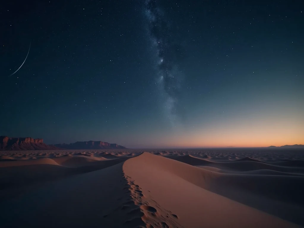 beautiful cinematic and realistic image of a desert, from the perspective of a person 1.80 meters tall with many sand dunes in the background, it is night and the sky is beautifully starry