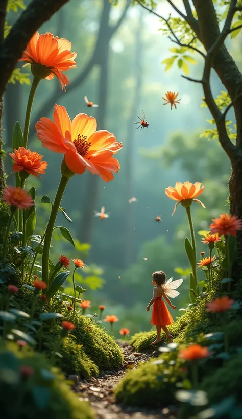 "A tiny enchanted garden with oversized flowers, fluttering fairies, and glowing insects."
