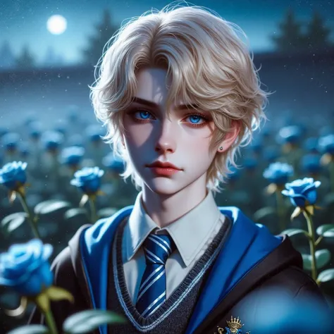  A 20-year-old young man with blue eyes ,  blonde hair ,  strong emotions projected in her eyes , Korean short hair , Wear a blue magic school dress, Evil Smile , Magic Wand Stand,  red sea background ,  with rain dripping down , Eerie atmosphere,Smoke env...