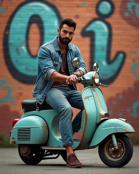 handsome man, denim  ,  sits on top of an old vespa motor, Brick Wall Mural Front Inscribed Mural ( 0i ) 