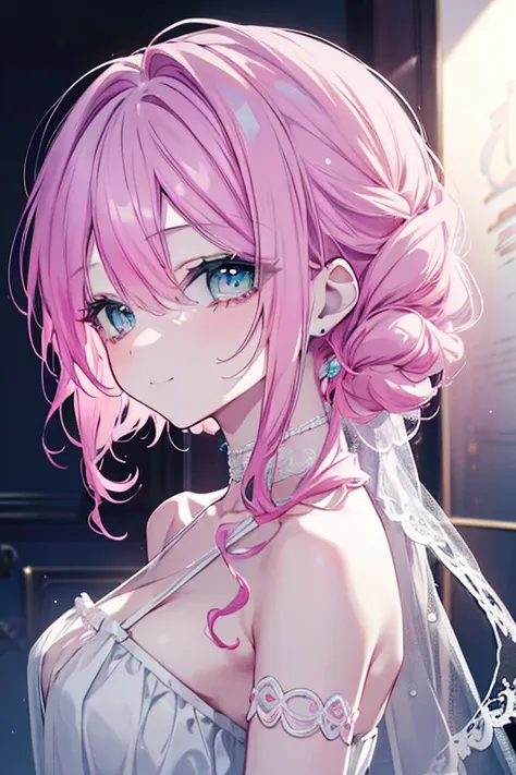 a beautiful woman with pink and turquoise hair, long eyelashes, curly hair, beautiful face, melancholy, ephemeral, bittersweet smile, turquoise and pink hair, anguished side profile, detailed portrait, highly detailed and realistic, cinematic lighting, stu...