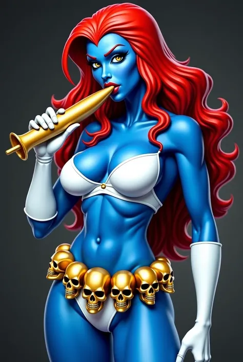 Holding a large gold dildo, licking it, Mystique from the X-Men universe, the character has striking blue skin, Her hair is long and bright red, styled in loose waves, tits out, hard nipples, white g string, showing her blue skin below the hips and the sid...