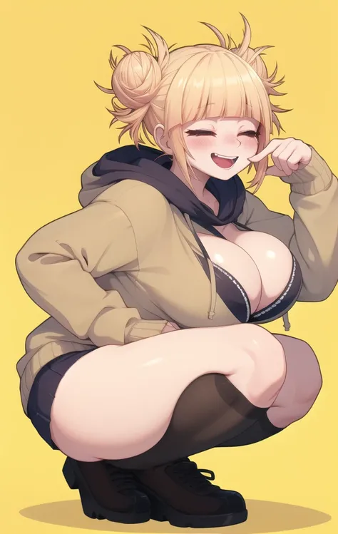 Himiko Toga, (((masterpice))), ((best qulity)), ((highres, absurdres)), (detailed), anime, 1girl, solo, squatting, curvy, detailed face, thighs, large breasts, , hands in pockets, cleavage, green hoodie, brown leggings, hair bun, blonde hair, , , head tilt...