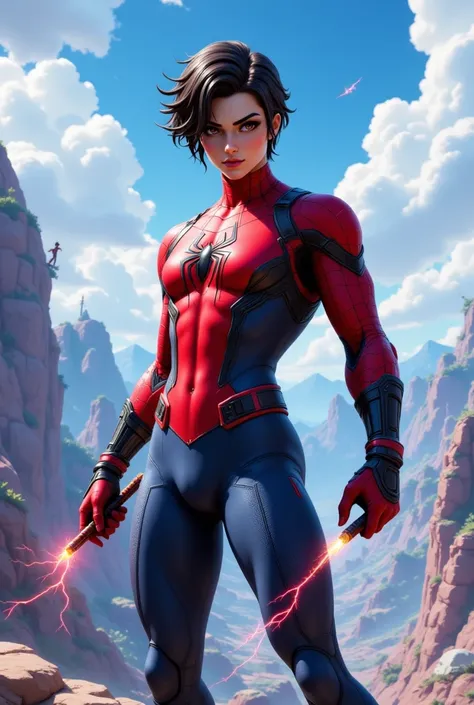 Spider-Man in the style of Fortnite ,  merged with the Dragon Ball world .  He appears in a dynamic pose ,  wearing a suit that combines his iconic red and blue design with combat elements from Dragon Ball ,  like details of the Red Patrol and a belt that ...