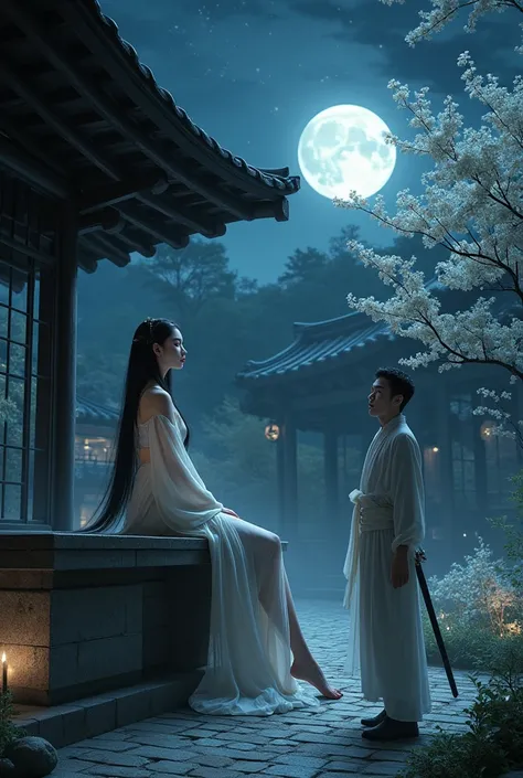 a serene moonlit courtyard, a towering and stunningly beautiful giantess girl named Yin Chuan, her height reaching over 6 meters, sitting gracefully under a dark wooden pavilion, her long, elegant legs folded beneath her, her delicate hands resting lightly...