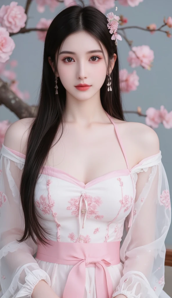 From the picture shows a beautiful young Chinese girl active and fashionable Chinese hanfu style white and pink long smooth black hair with light dieu sun nostalgic style and there are clouds of five colors girl with smooth bright white skin round face smo...