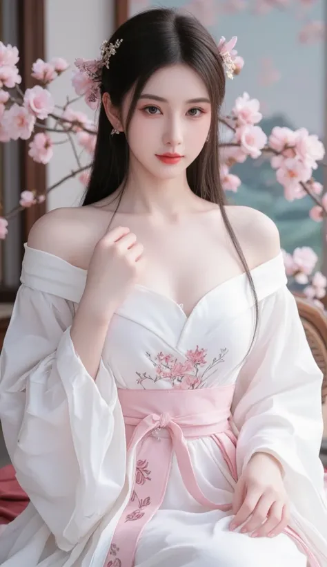 From the picture shows a beautiful young Chinese girl active and fashionable Chinese hanfu style white and pink long smooth black hair with light dieu sun nostalgic style and there are clouds of five colors girl with smooth bright white skin round face smo...