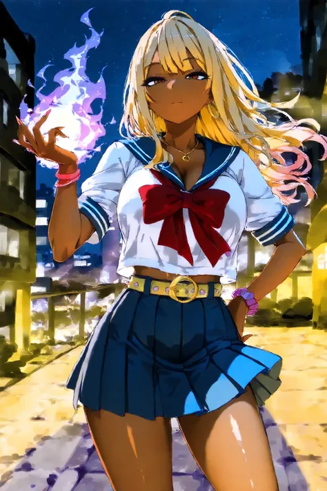 4k,ultra detailed,purple fire effects magic user, girl,gyaru,tanned skin,background urban,at night,wind,sailor uniform,flashy gyaru,flashy belt,flashy necklace,flashy bracelet,