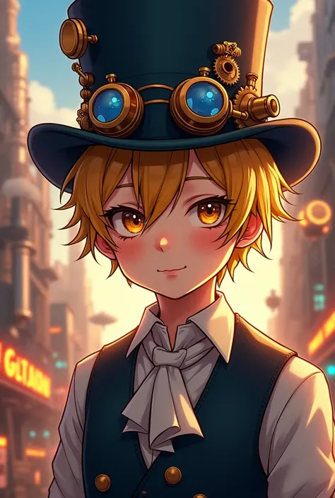 A digital painting of a  boy with golden hair accented by striking blue strands, tanned skin, and vibrant orange eyes. He wears a stylish top hat adorned with intricate gears, small copper pipes, and a pair of steampunk goggles resting on the brim. His out...