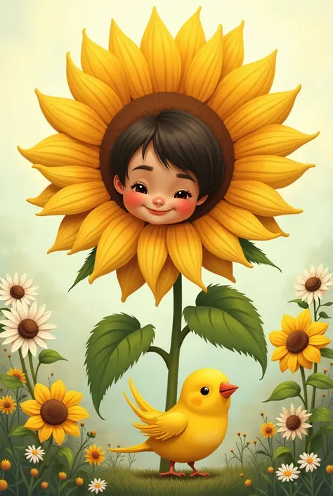 Content:Hazel hid behind a big sunflower, careful not to giggle. Budgie counted with his little wings spread wide. “One, two, three…!” he chirped, ready to find her.

Image Prompt:"A fun illustration showing Hazel crouching behind a large sunflower, her fa...