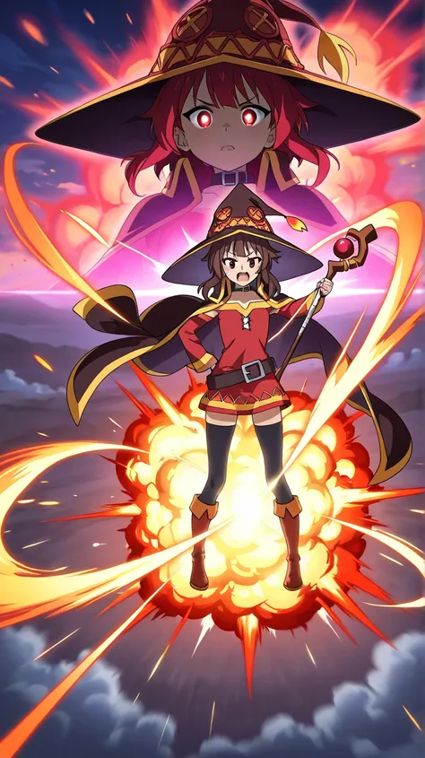 An anime-style illustration of Megumin from Konosuba in the midst of casting a powerful explosion spell. She is wearing her iconic crimson and black mage outfit, complete with her oversized wizard hat and flowing cape. Her crimson eyes shine with excitemen...