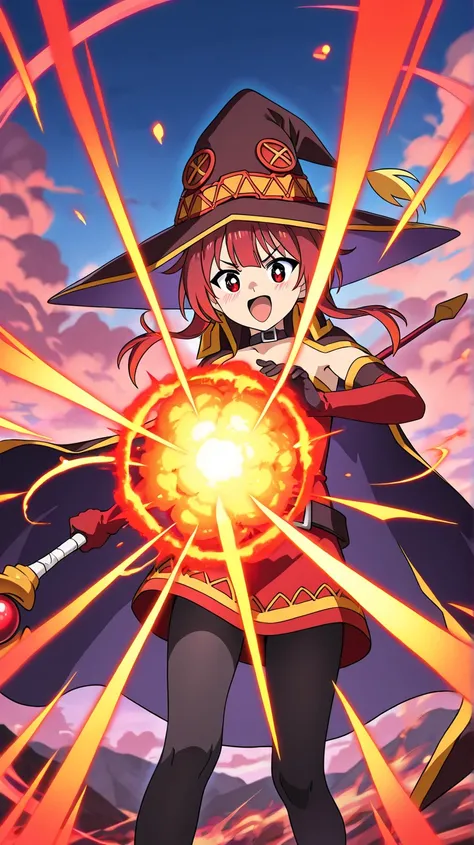 An anime-style illustration of Megumin from Konosuba in the midst of casting a powerful explosion spell. She is wearing her iconic crimson and black mage outfit, complete with her oversized wizard hat and flowing cape. Her crimson eyes shine with excitemen...