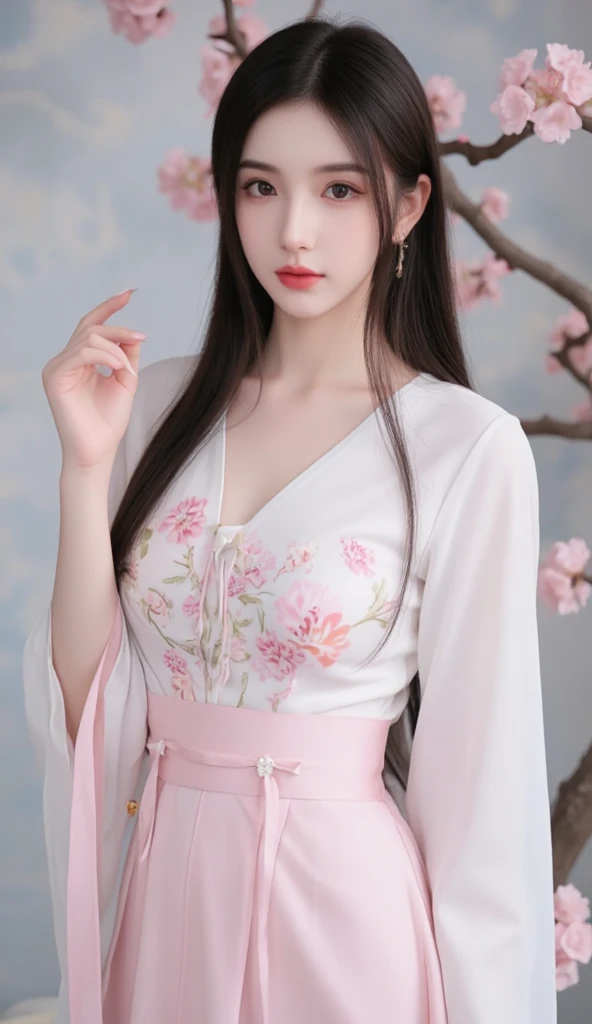 From the picture shows a beautiful young Chinese girl active and fashionable Chinese hanfu style white and pink long smooth black hair with light dieu sun nostalgic style and there are clouds of five colors girl with smooth bright white skin round face smo...