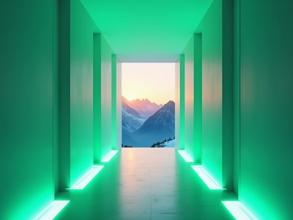 futuristic corridor, neon green illumination, geometric white walls, mountain vista framed view, sunset silhouette, contrasting light and shadow, architectural photography, sci-fi ambiance, dramatic perspective, cool blue mountains --ar 9:16 --quality 2 --...