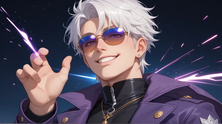  An anime character with white hair and a black bandage over his eyes ,  smiling provocatively .  He is dressed in a stylish purple coat and raise one hand with an open palm ,  as if making fun of the opponent .  His face transmits confidence and arrogance...