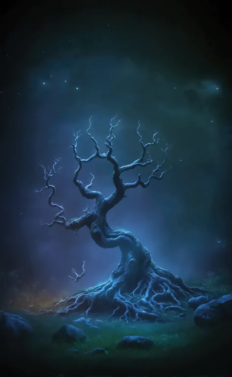   has a tree built in the middle of a field, Scary magic background, Fantasy tree, Magic tree, dark fantasy forest,  Dark Forest Conceptual Art , Magic Tree,  4k Highly detailed digital art  , Magical forest background, Late night forest, spooky forest , W...