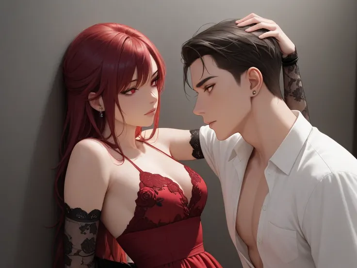 "A highly detailed semi-realistic digital painting of a passionate couple in an intimate embrace. The male character, with sharp jawline, tousled dark hair, and piercing eyes, has a dominant yet protective aura. He wears a partially unbuttoned dress shirt,...